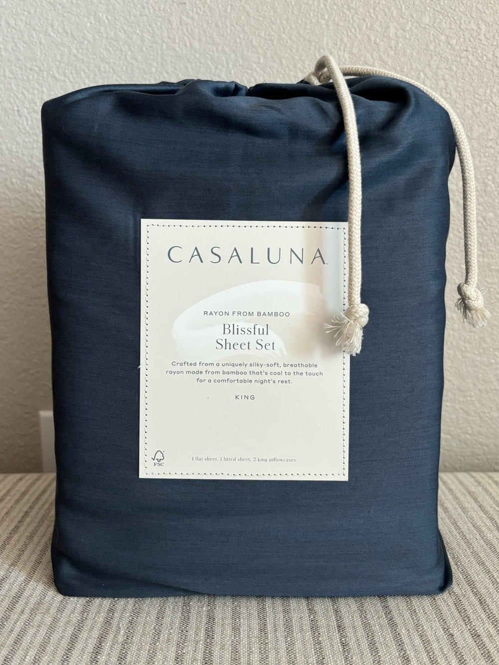 NWT King 400 Thread Count Rayon from Bamboo Sheet Set Dark Mineral Blue Casaluna